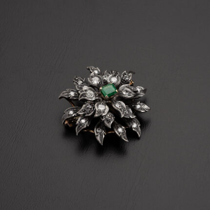 Brosa-pandant vintage din aur de 18k si argint cu smarald si diamante naturale