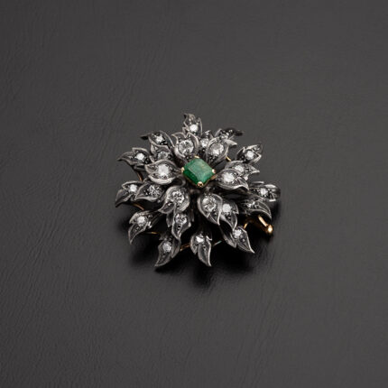 Brosa-pandant vintage din aur de 18k si argint cu smarald si diamante naturale