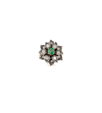Inel vintage din aur de 18k si argint cu smarald si diamante naturale