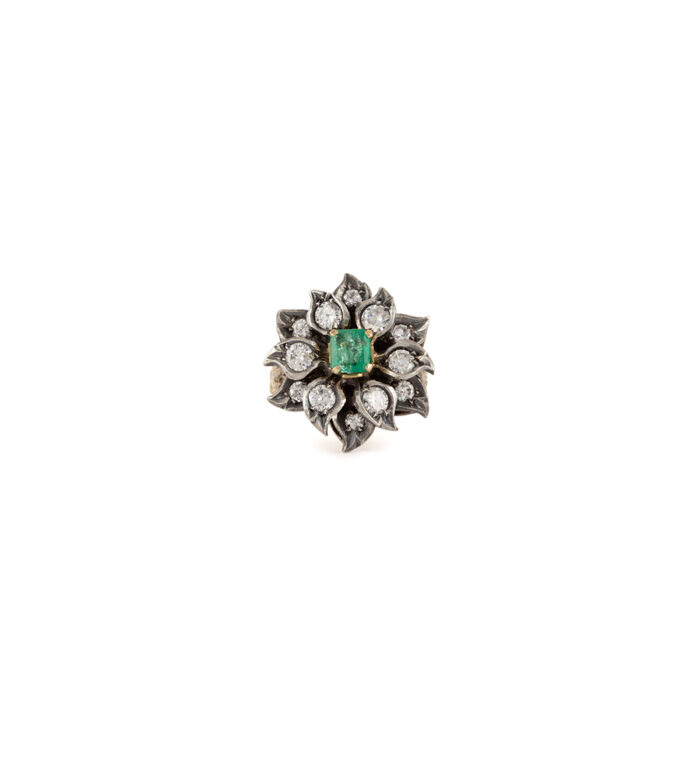 Inel vintage din aur de 18k si argint cu smarald si diamante naturale