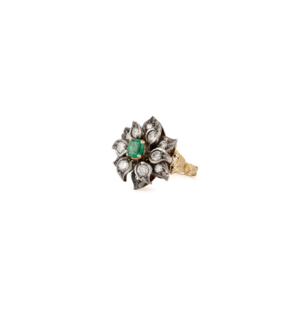 Inel vintage din aur de 18k si argint cu smarald si diamante naturale