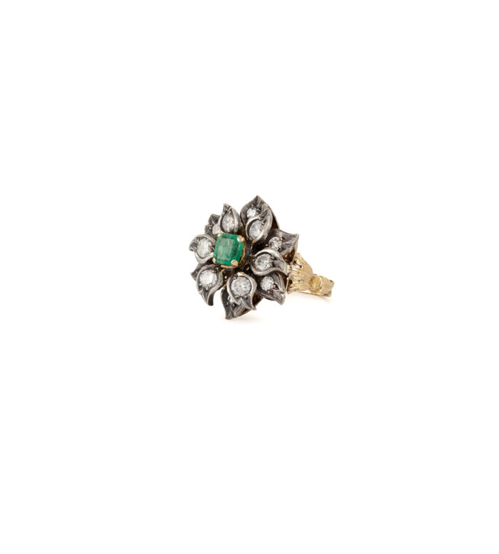 Inel vintage din aur de 18k si argint cu smarald si diamante naturale