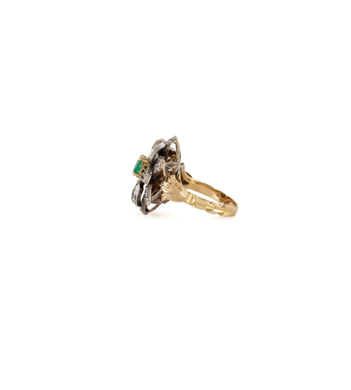 Inel vintage din aur de 18k si argint cu smarald si diamante naturale