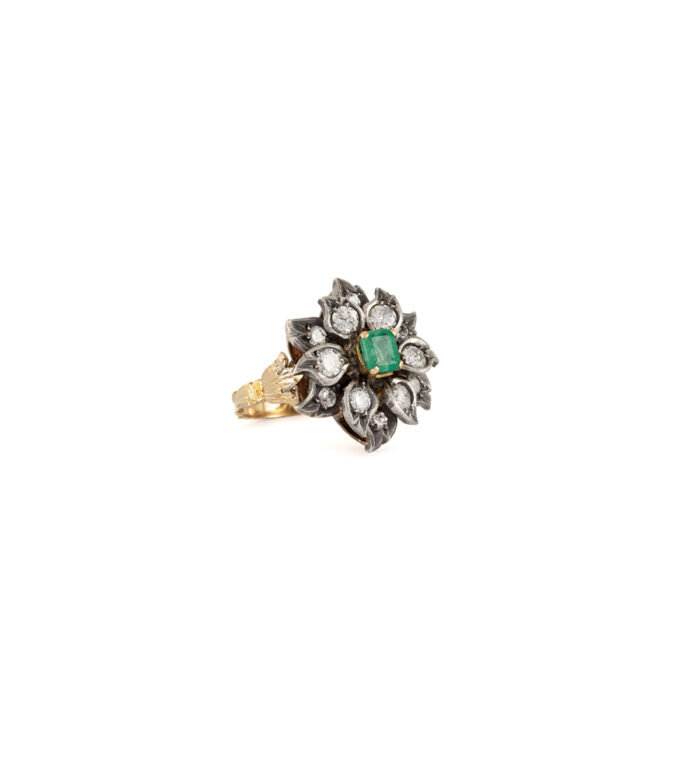 Inel vintage din aur de 18k si argint cu smarald si diamante naturale