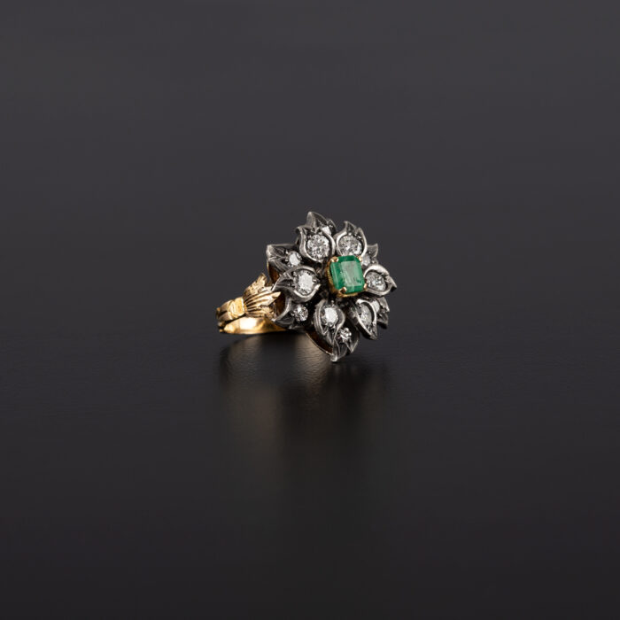 Inel vintage din aur de 18k si argint cu smarald si diamante naturale