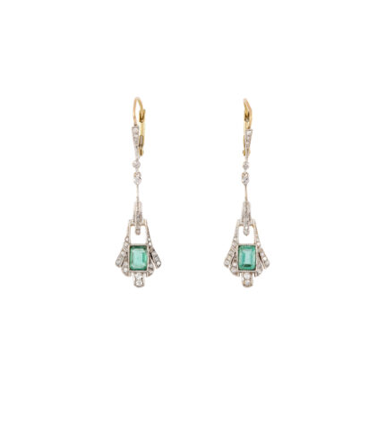 Cercei autentici Art Deco din aur de 18k si platina cu smarald si diamante naturale