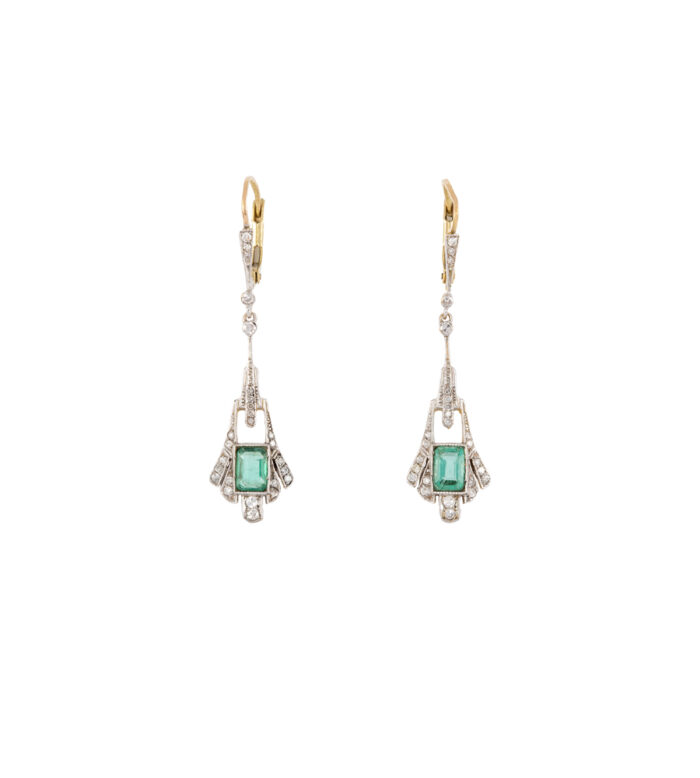 Cercei autentici Art Deco din aur de 18k si platina cu smarald si diamante naturale