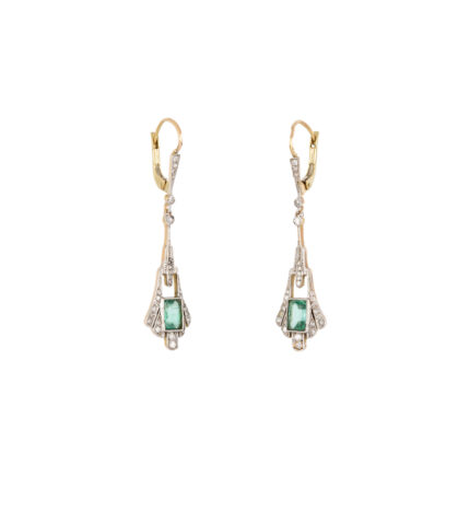 Cercei autentici Art Deco din aur de 18k si platina cu smarald si diamante naturale