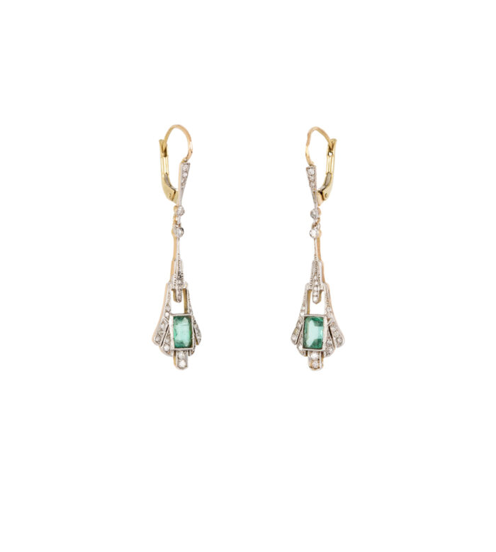 Cercei autentici Art Deco din aur de 18k si platina cu smarald si diamante naturale