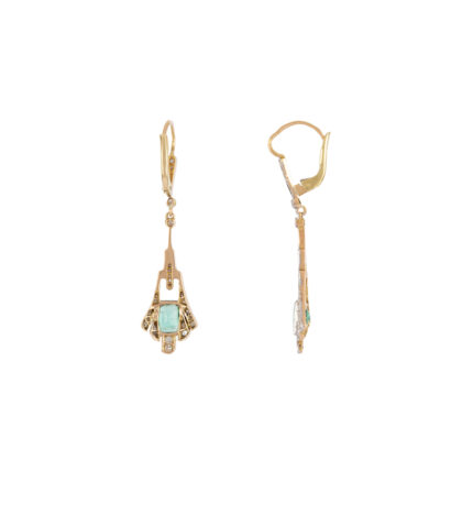 Cercei autentici Art Deco din aur de 18k si platina cu smarald si diamante naturale