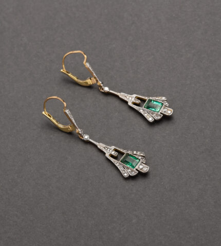 Cercei autentici Art Deco din aur de 18k si platina cu smarald si diamante naturale