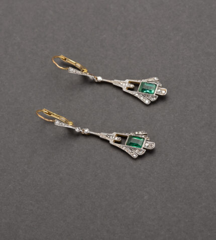 Cercei autentici Art Deco din aur de 18k si platina cu smarald si diamante naturale