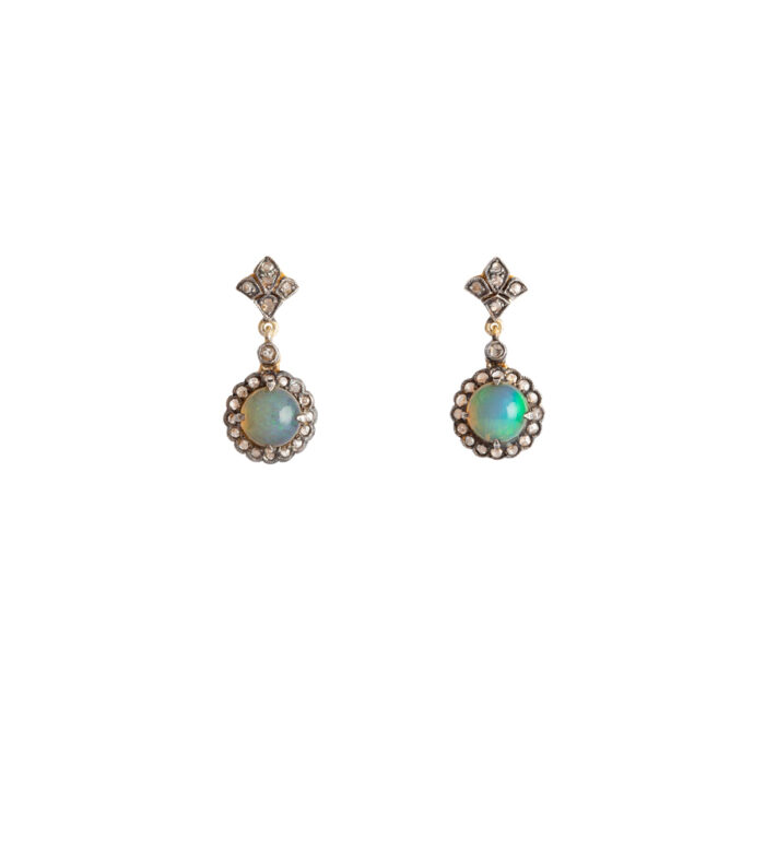 Cercei vintage din aur de 18k si argint cu opal si diamante naturale