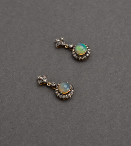 Cercei vintage din aur de 18k si argint cu opal si diamante naturale