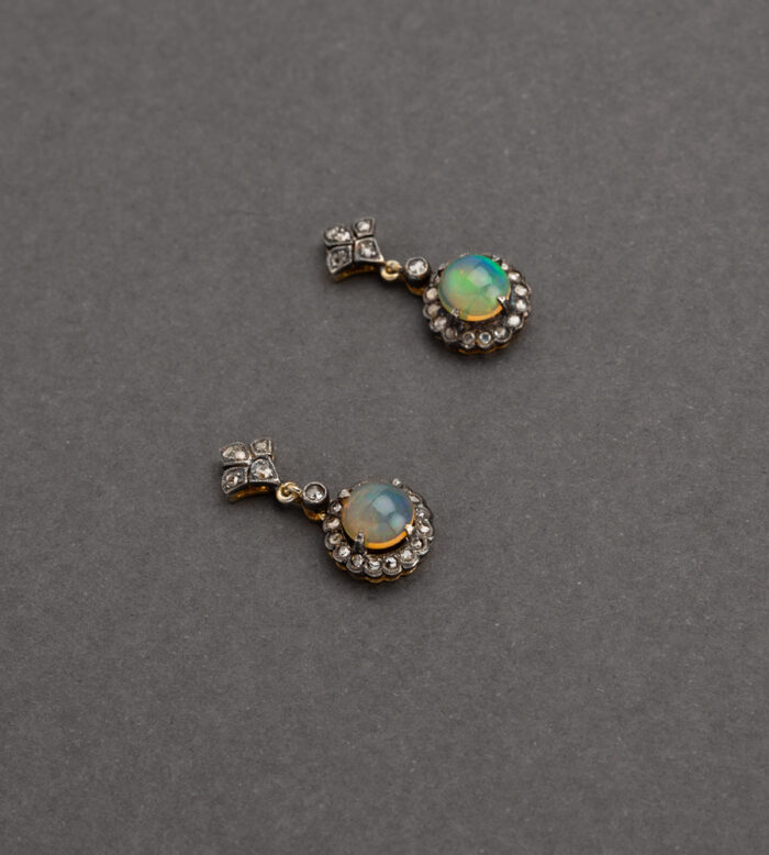 Cercei vintage din aur de 18k si argint cu opal si diamante naturale
