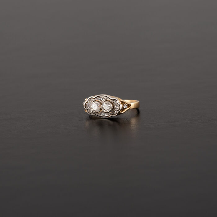 Inel autentic Art Deco din aur de 14k si platia cu diamante naturale