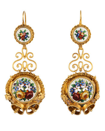 Cercei vintage 2 in 1 anii 1800 din aur de 18k cu micromozaic venetian