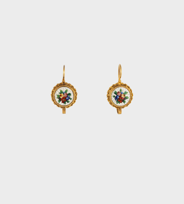 Cercei vintage 2 in 1 anii 1800 din aur de 18k cu micromozaic venetian