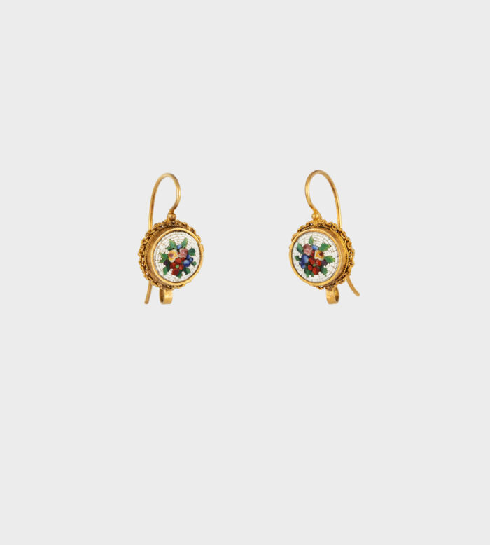 Cercei vintage 2 in 1 anii 1800 din aur de 18k cu micromozaic venetian