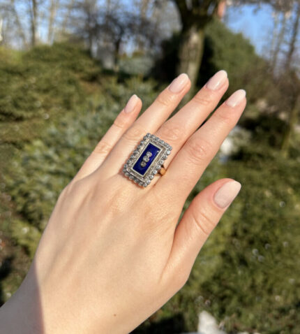 Inel vintage din aur de 18k si argint cu email cobalt si diamante naturale