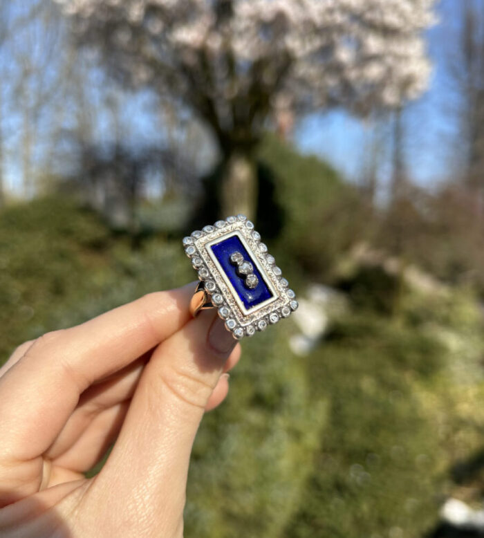 Inel vintage din aur de 18k si argint cu email cobalt si diamante naturale