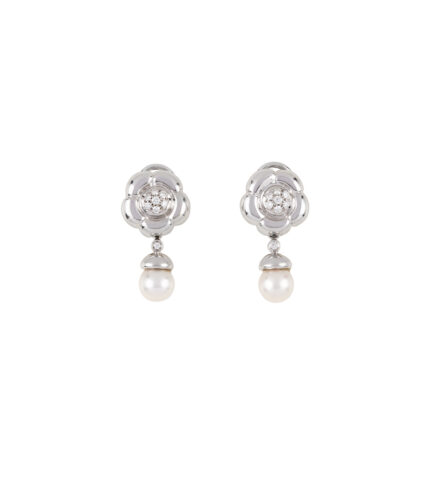 Cercei lungi clips din aur alb de 18k cu perle si diamante naturale