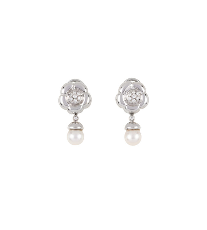 Cercei lungi clips din aur alb de 18k cu perle si diamante naturale