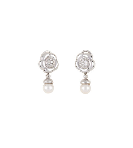 Cercei lungi clips din aur alb de 18k cu perle si diamante naturale