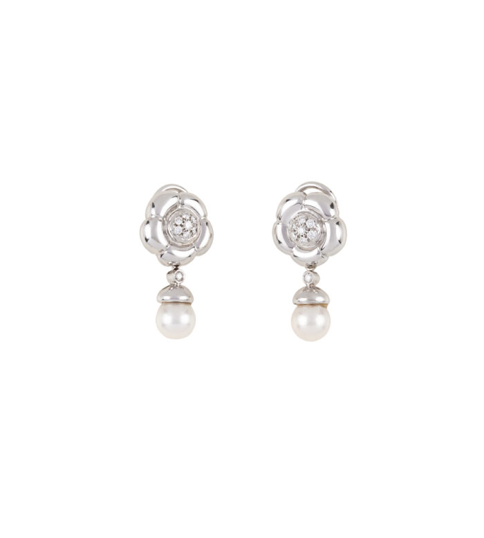 Cercei lungi clips din aur alb de 18k cu perle si diamante naturale