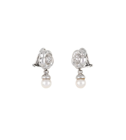 Cercei lungi clips din aur alb de 18k cu perle si diamante naturale