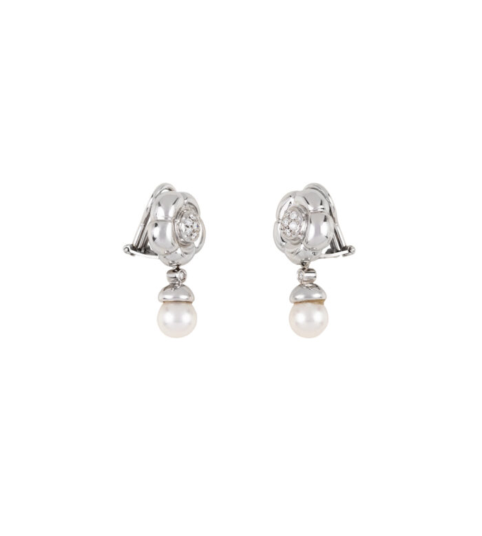 Cercei lungi clips din aur alb de 18k cu perle si diamante naturale