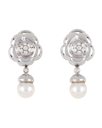 Cercei lungi clips din aur alb de 18k cu perle si diamante naturale