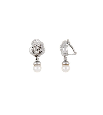 Cercei lungi clips din aur alb de 18k cu perle si diamante naturale