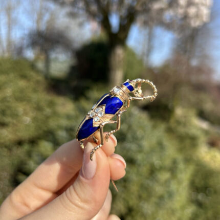 Brosa vintage din aur de 14k cu email cobalt si diamante naturale