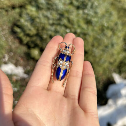 Brosa vintage din aur de 14k cu email cobalt si diamante naturale