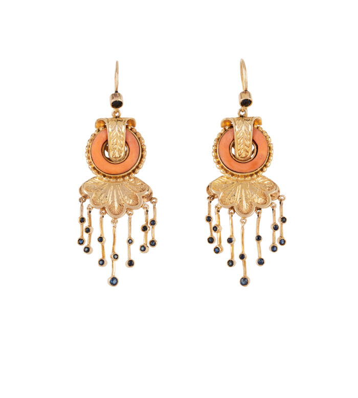 Cercei vintage din aur de 12k, coral si safire naturale