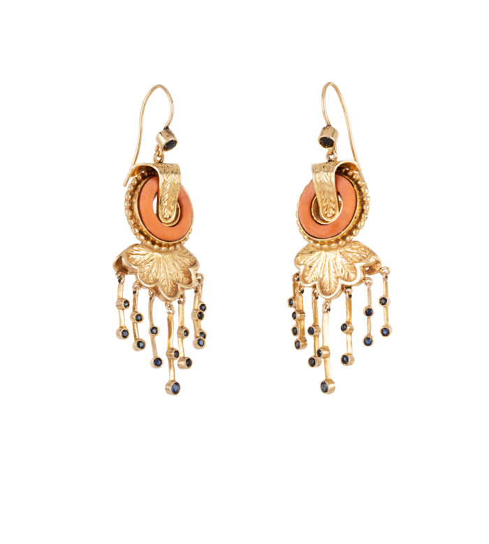 Cercei vintage din aur de 12k, coral si safire naturale
