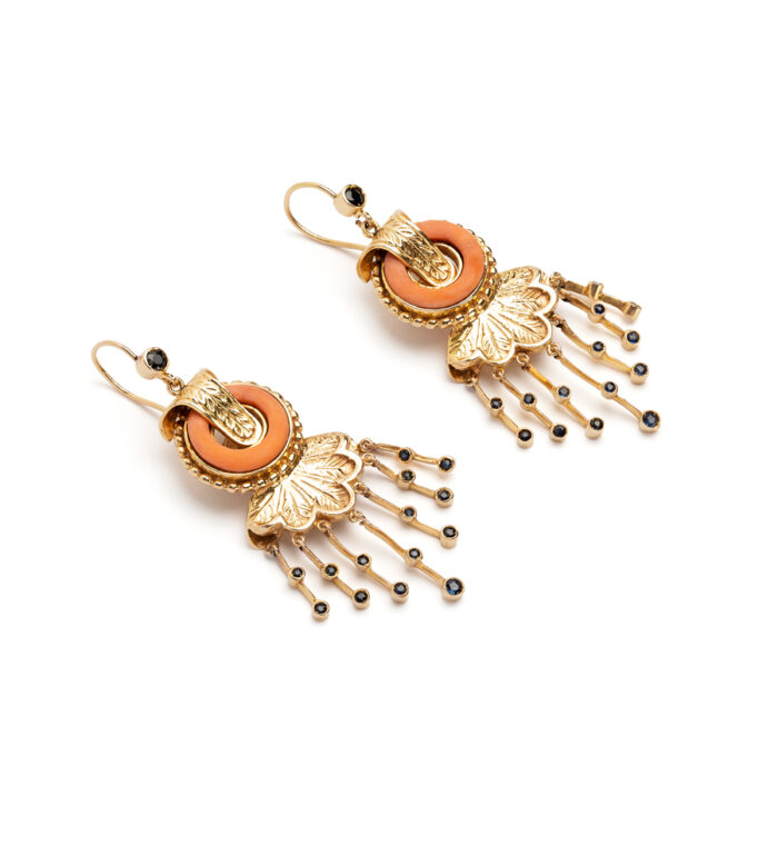 Cercei vintage din aur de 12k, coral si safire naturale