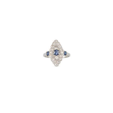 Inel Art Deco din platina si aur alb de 18k cu safire si diamante naturale