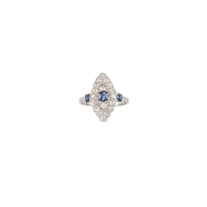 Inel Art Deco din platina si aur alb de 18k cu safire si diamante naturale