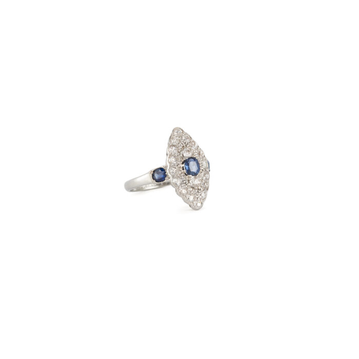 Inel Art Deco din platina si aur alb de 18k cu safire si diamante naturale