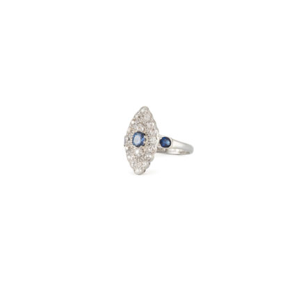 Inel Art Deco din platina si aur alb de 18k cu safire si diamante naturale