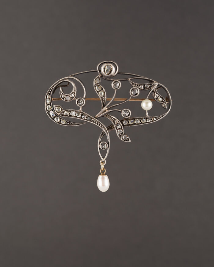 Brosa-pandant Art Nouveau din aur de 18k si argint cu perlute si diamante naturale