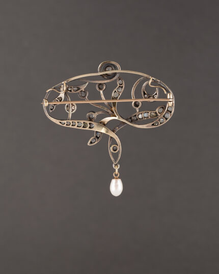 Brosa-pandant Art Nouveau din aur de 18k si argint cu perlute si diamante naturale