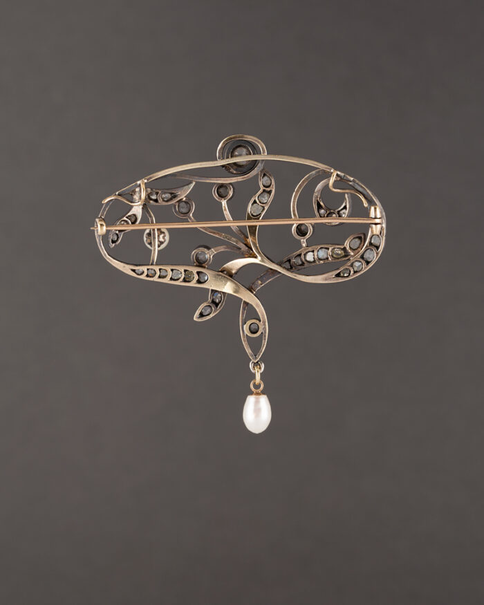 Brosa-pandant Art Nouveau din aur de 18k si argint cu perlute si diamante naturale