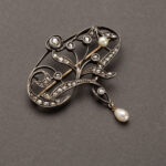 Brosa-pandant Art Nouveau din aur de 18k si argint cu perlute si diamante naturale