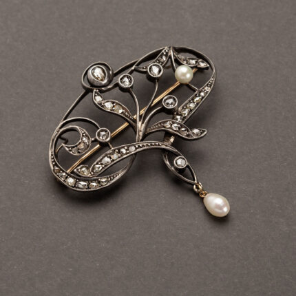 Brosa-pandant Art Nouveau din aur de 18k si argint cu perlute si diamante naturale