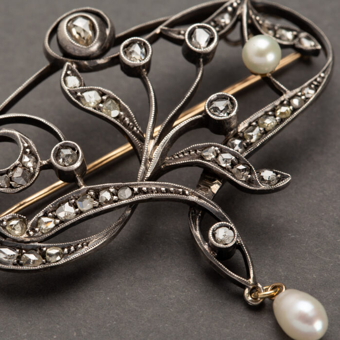 Brosa-pandant Art Nouveau din aur de 18k si argint cu perlute si diamante naturale