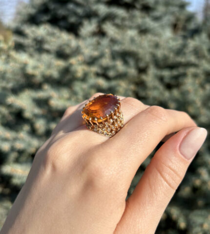 Inel vintage din aur de 20k cu citrin si diamante naturale