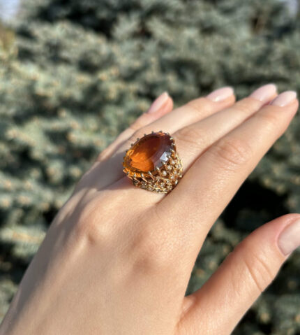 Inel vintage din aur de 20k cu citrin si diamante naturale